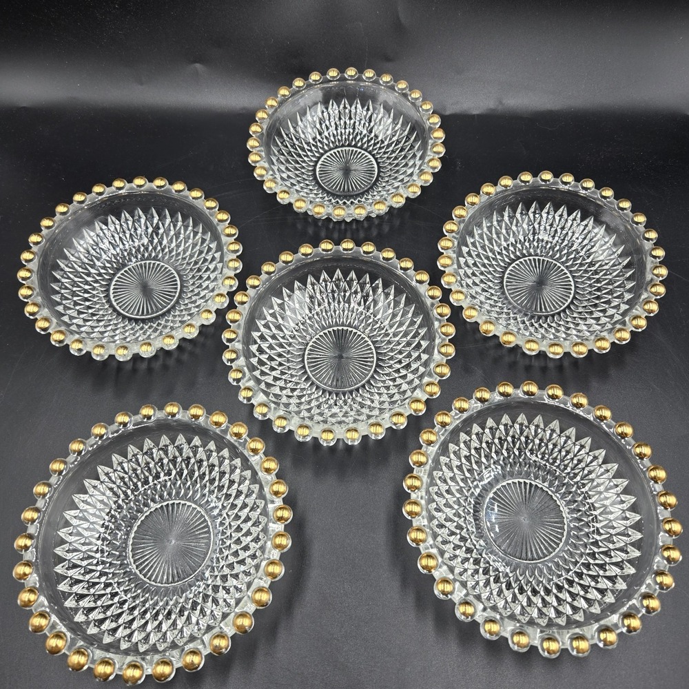 Vtg Depression Era Diamond Point 6 Pc Glass Relish Berry Bowl Beaded Gold Trim